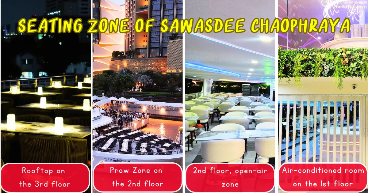 The seating zone on Sawasdee Chaophraya dinner cruise in Bangkok